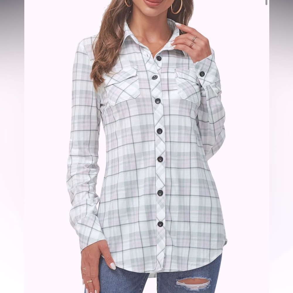 Women’s DJT Soft‎ Stretchy Knit Plaid Long Sleeve Collared Button Down Blouse